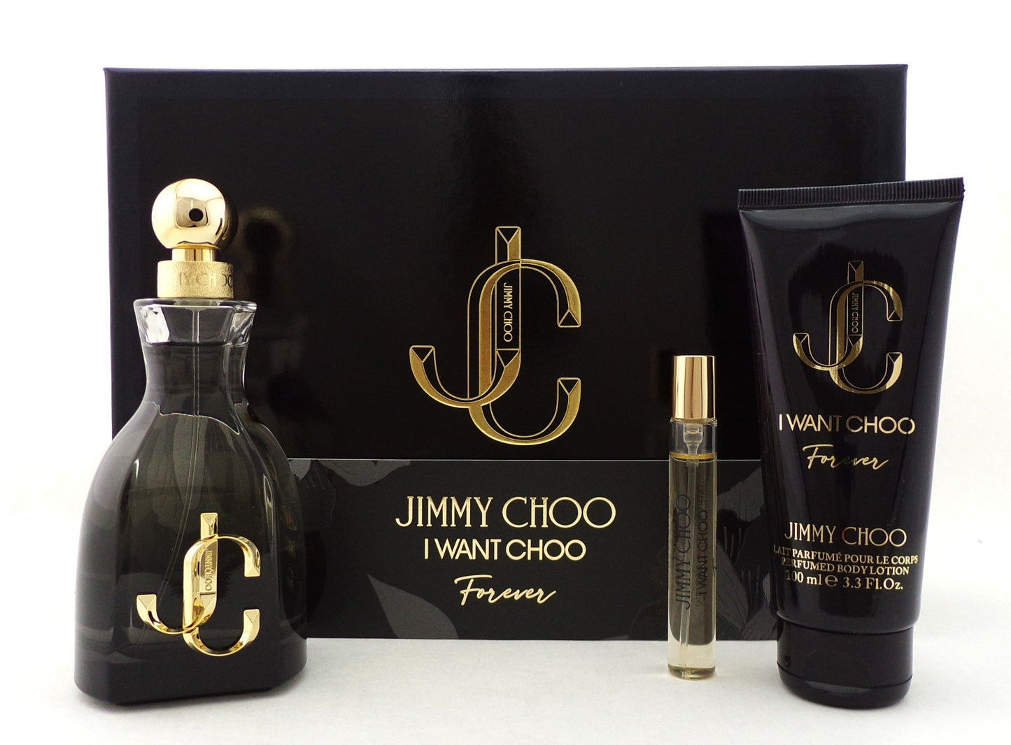 Jimmy Choo I Want Choo FOREVER Set: 3.3 oz & 0.25 oz EDP+3.3 oz B/Lotion SET - New