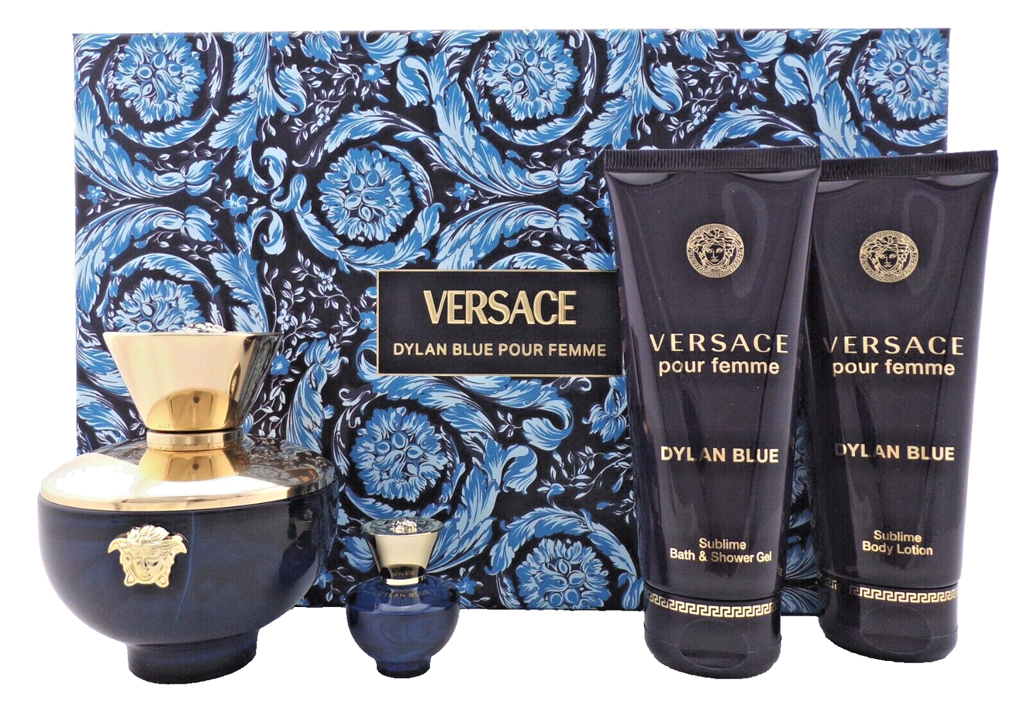 Versace Dylan Blue Pour Femme 3.4oz & 5ml EDP + 3.4oz B/Lotion & Sh/Gel. New SET