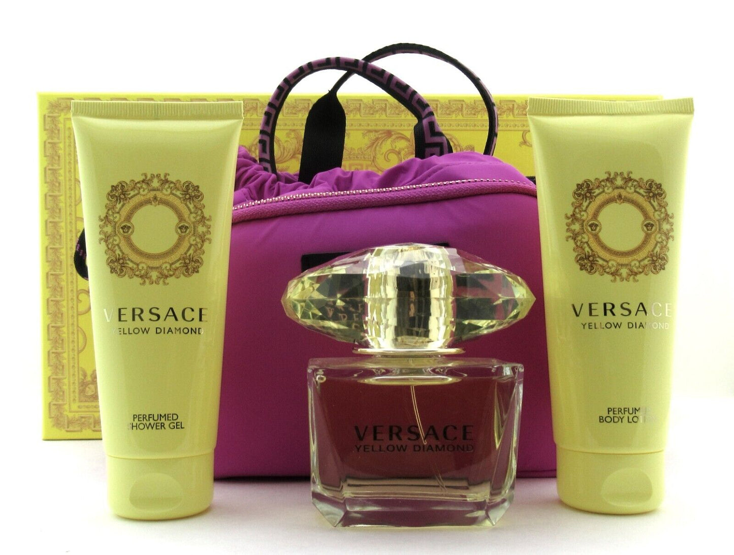 Versace Yellow Diamond Perfume Gift Set for Women EDT Spray 3oz+B/Lot+Sh/Gel+Bag