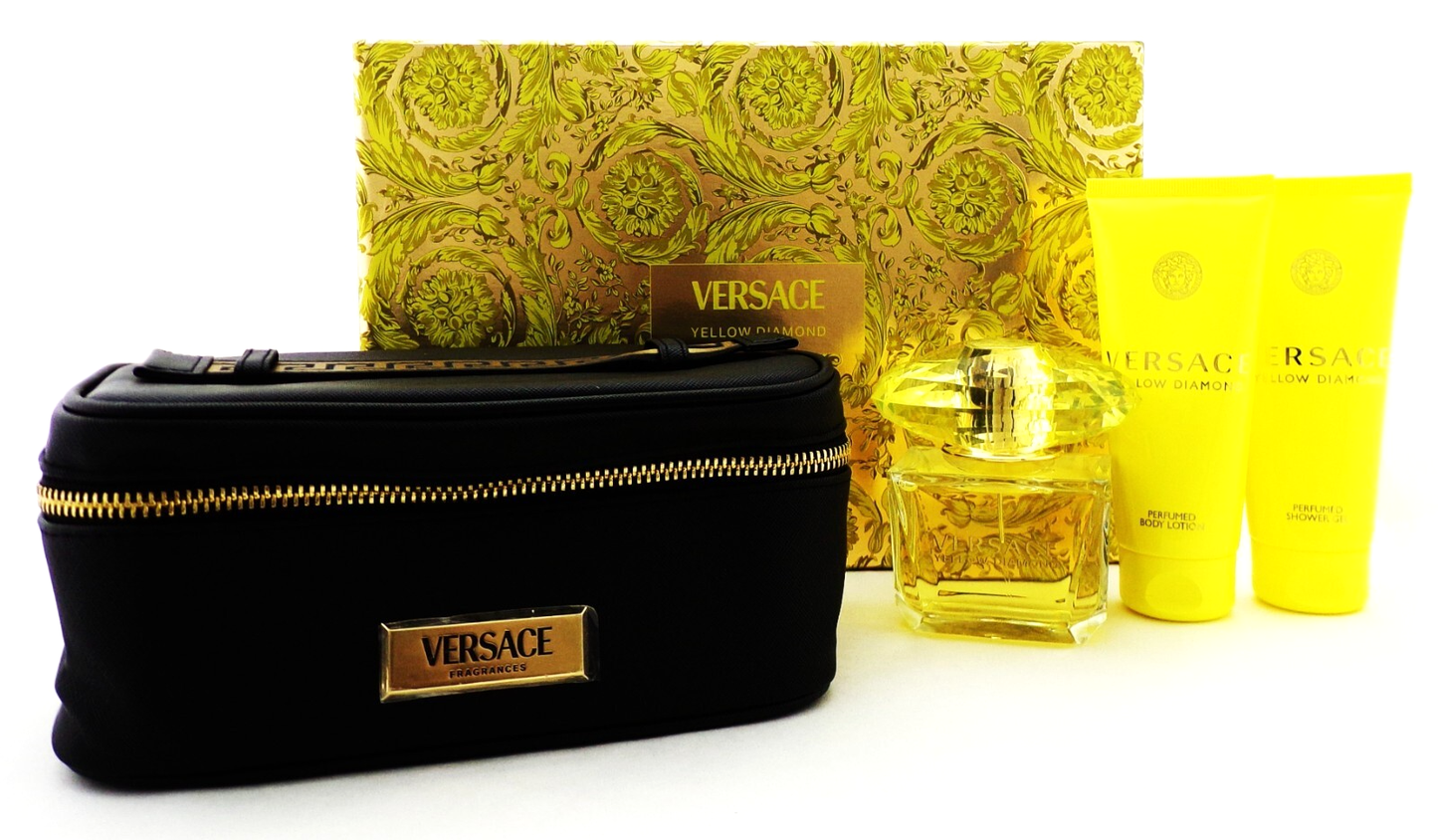 Versace YELLOW DIAMOND 4 Pcs Set for Women: 3.0 oz. Eau de Toilette Spray + 3.4 oz. S/Gel + 3.4 oz. B/Lotion + Beauty Case. Brand New