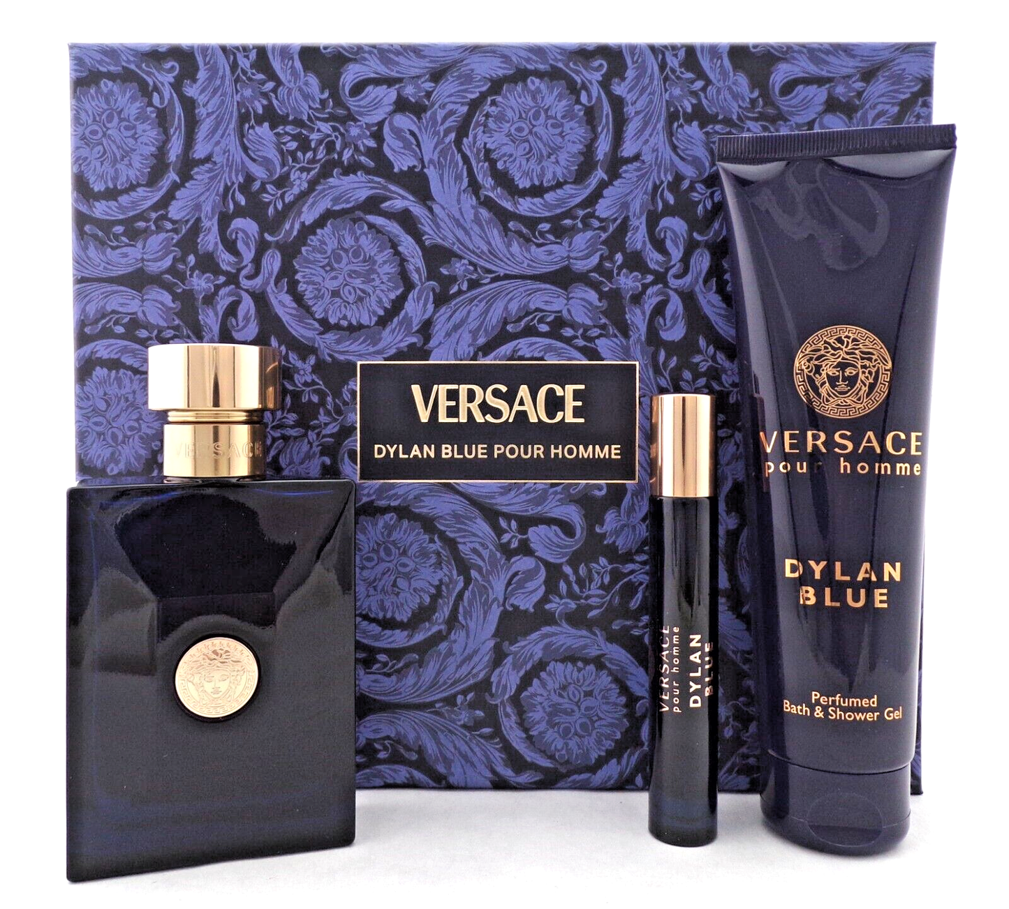 Versace Dylan Blue Pour Homme 3.4oz & 0.3oz EDT Spray + 5.0oz Shower Gel New SET