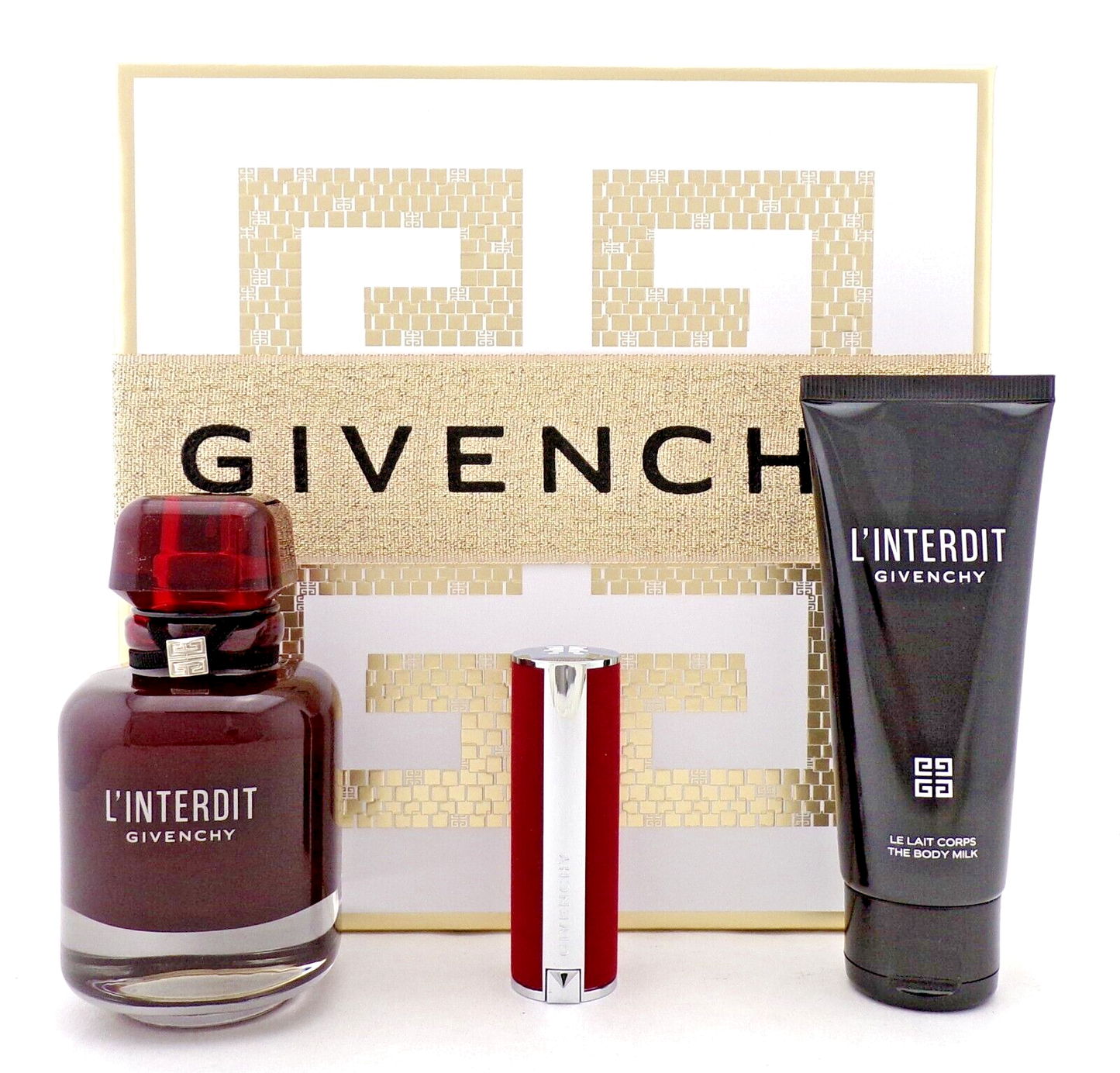 L'Interdit Givenchy 2.7 oz. EDP ROUGE Spray+2.5oz B/Milk+3.4 g Lipstick. New SET