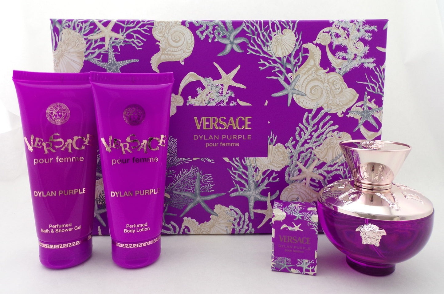Versace DYLAN PURPLE 4 pcs Set for Women: 3.4 oz. & 5ml EDP +3.4 oz. Perfumed Bath & Shower Gel + 3.4 oz. Body Lotion. NEW