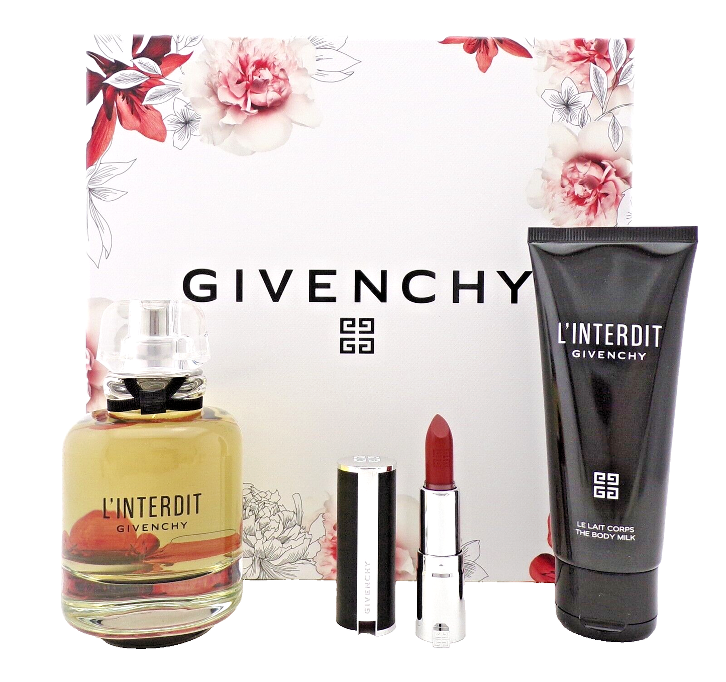 L'Interdit Givenchy 2.7oz EDP Spray+ 2.5oz B/Milk+ 1.5g Lipstick New Women's SET