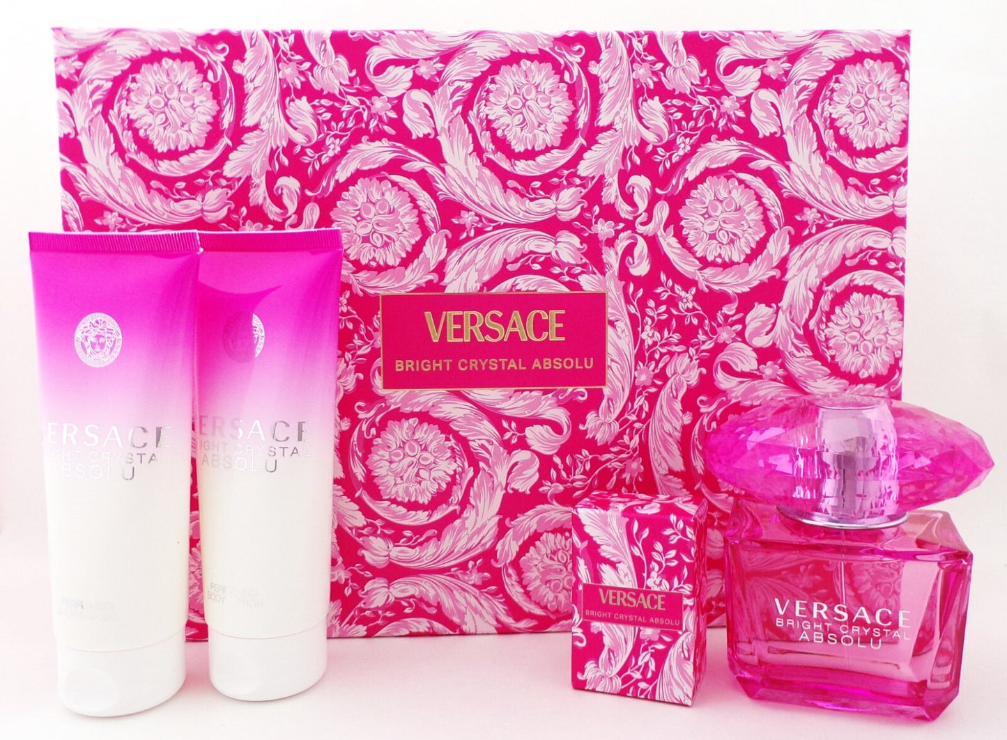 Versace BRIGHT CRYSTAL ABSOLU 4 Pcs Set for Women: 3.0 oz. & 0.17 oz. Eau de Parfum Spray + 3.4 oz. S/Gel + 3.4 oz. B/Lotion. Brand New