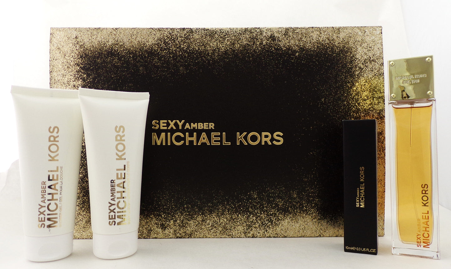 SEXY AMBER by Michael Kors 4 Pcs Gift Set for Women 3.4 oz. EDP Spray, Travel Spray, S/Gel & B/Lotion. Buy 6+ and pay only $39.99 each!