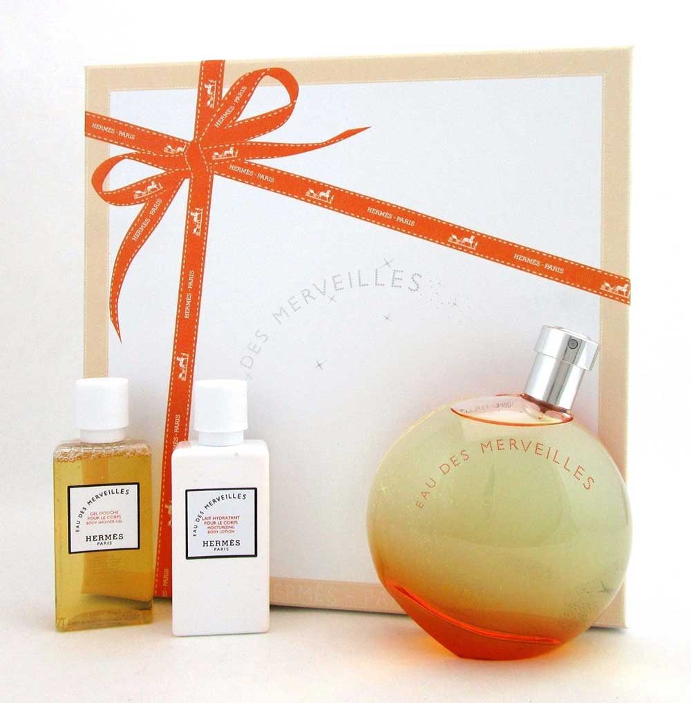 Eau Des Merveilles by Hermes Gift Set:3.3oz EDT+1.4oz B/L+1.4oz Sh/G