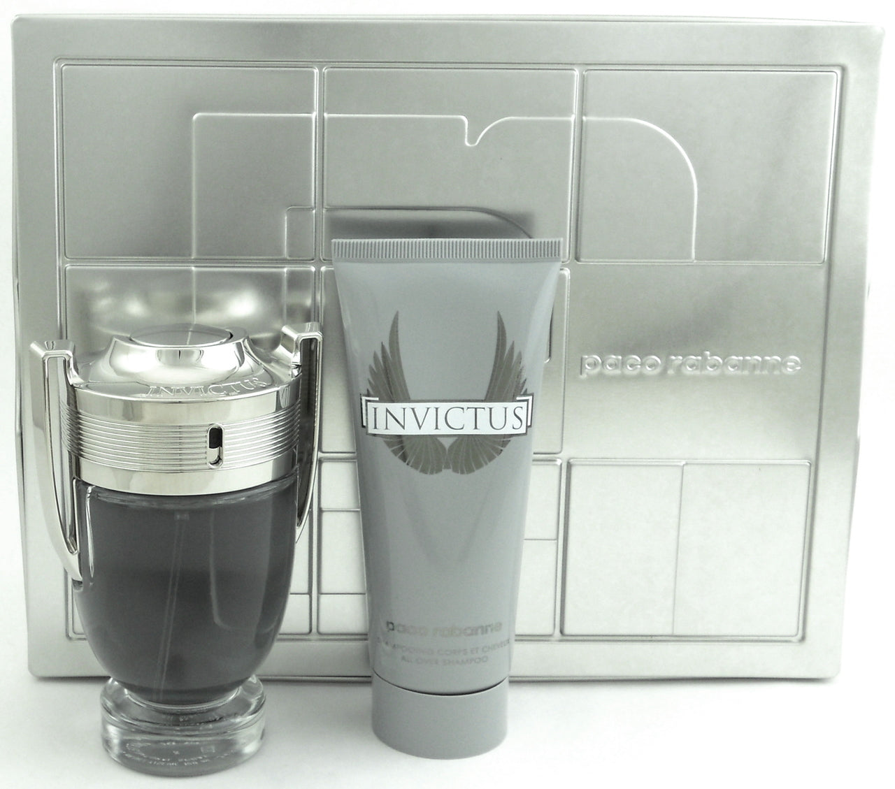 Invictus by Paco Rabanne 3.4 oz.EDT Spray + 3.4 oz.A/O/SH. New Set. Comes in metal box.