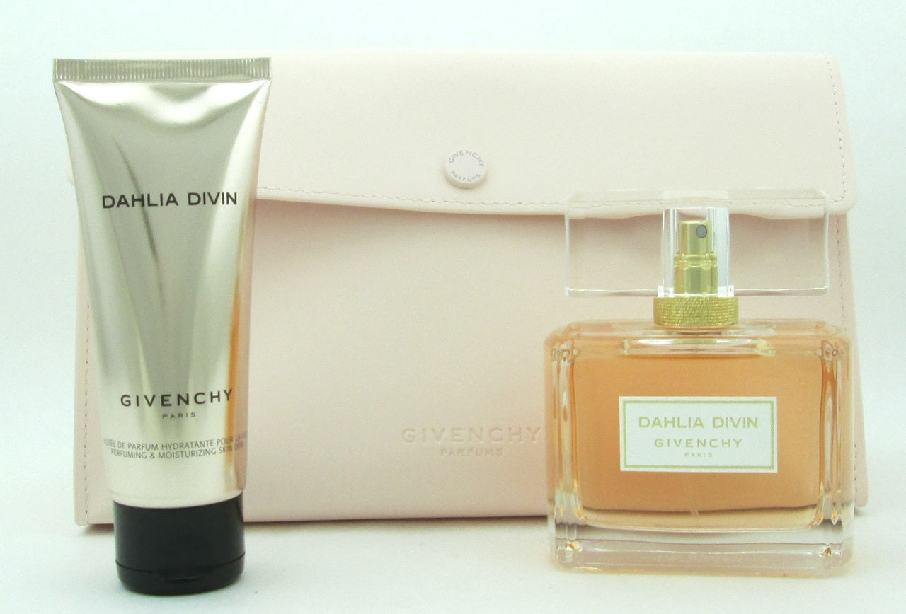 Dahlia Divin by Givenchy 3pc Gift Set for Women Includes: Eau De Parfum Spray 75 ml./ 2.5 oz. + Perfuming & Moisturizing Skin Dew 75 ml./ 2.5 oz. + Pouch
