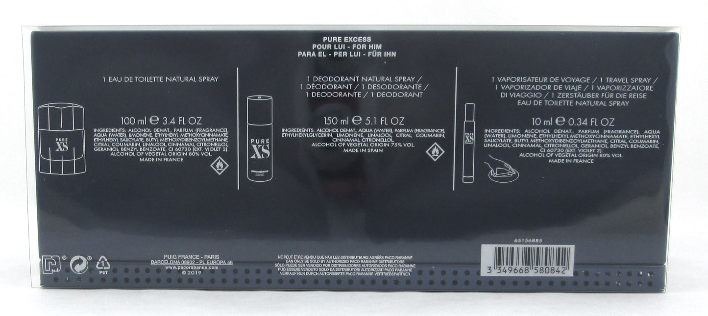 PURE XS by Paco Rabanne Set for Men: 3.4 oz. EDT Spray+ 5.1 oz. Deo Spray +10 ml