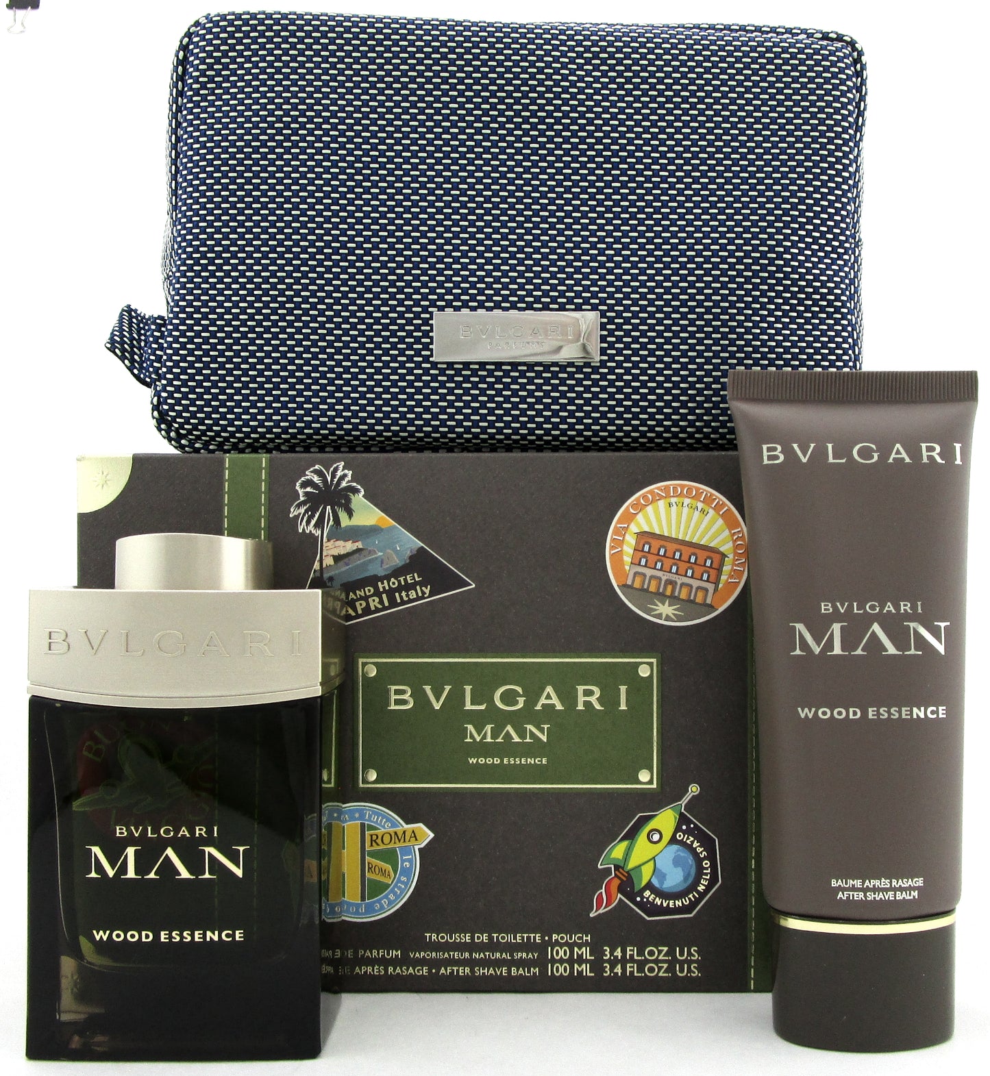 Bvlgari Man WOOD ESSENCE 3.4oz EDP Spray + 3.4oz A/Shave Balm + Pouch. Men's SET