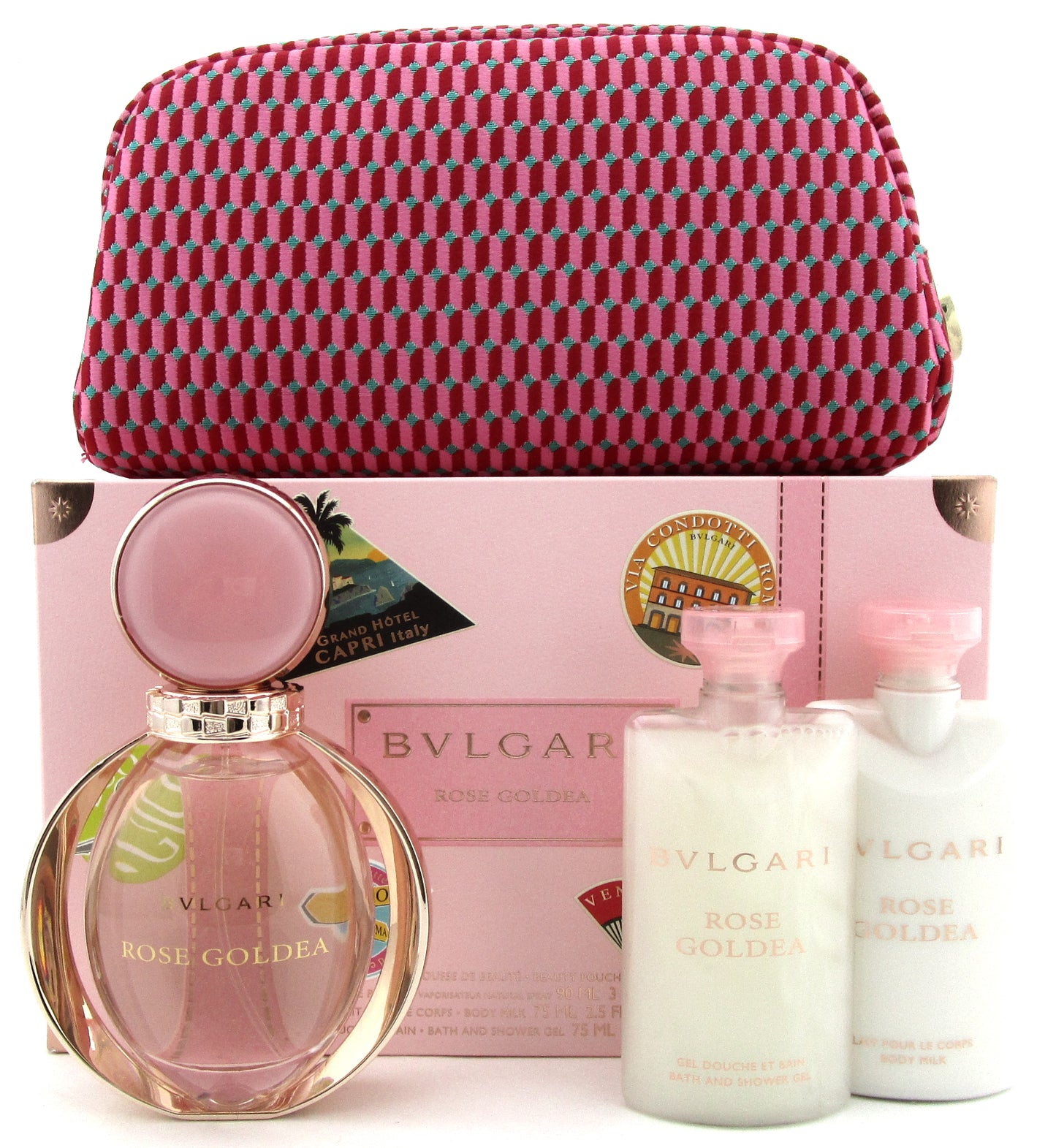 Bvlgari ROSE GOLDEA 3.0oz EDP Spray+2.5oz B/Milk+2.5oz Sh/Gel+Pouch. Women's SET