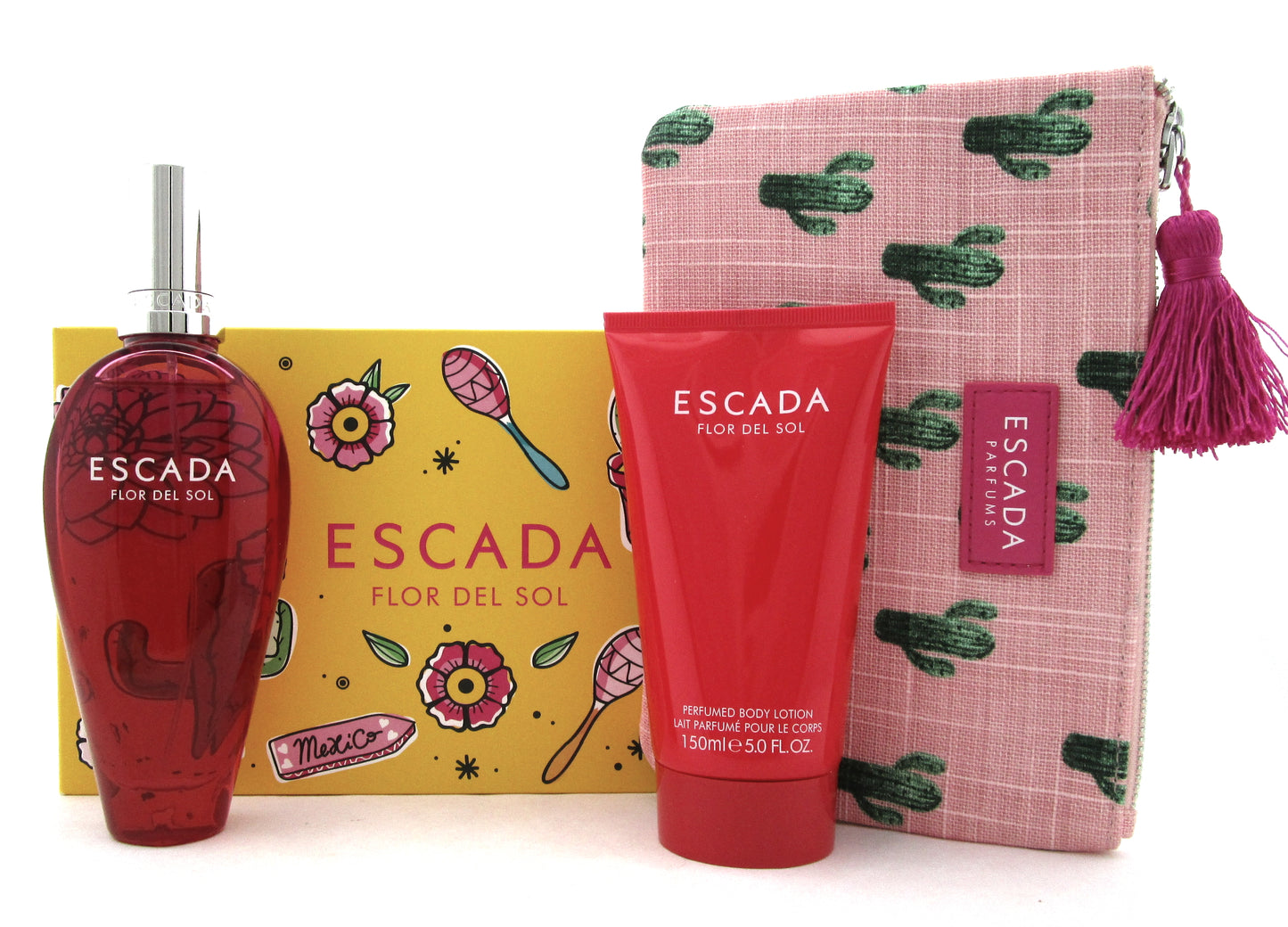 Escada Flor del Sol 3.4 oz EDT Spray + 5.0 oz Body Lotion + Bag. New Women's Set