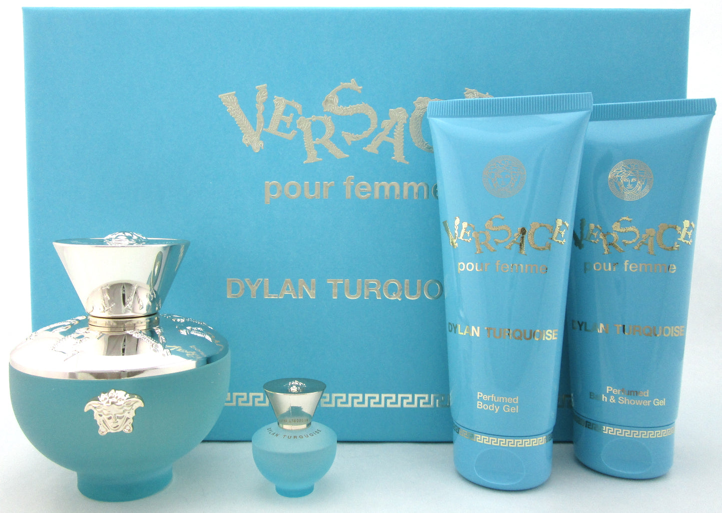 Versace Dylan Turquoise 3.0 oz. & 5 ml. EDT+3.4 oz. B/Gel+3.4 oz. Sh/Gel. New Set