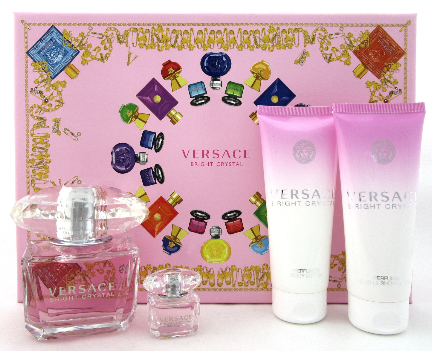 Versace Bright Crystal Set 3.0oz.&5ml. EDT+3.4oz.B/Lot+3.4oz.Sh/Gel. Damag.Box
