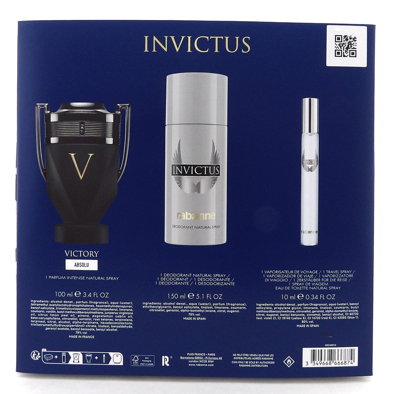 Rabanne Invictus Victory ABSOLU 3.4oz Parfum Intense 3Pcs Men's Set. DAMAGED Box