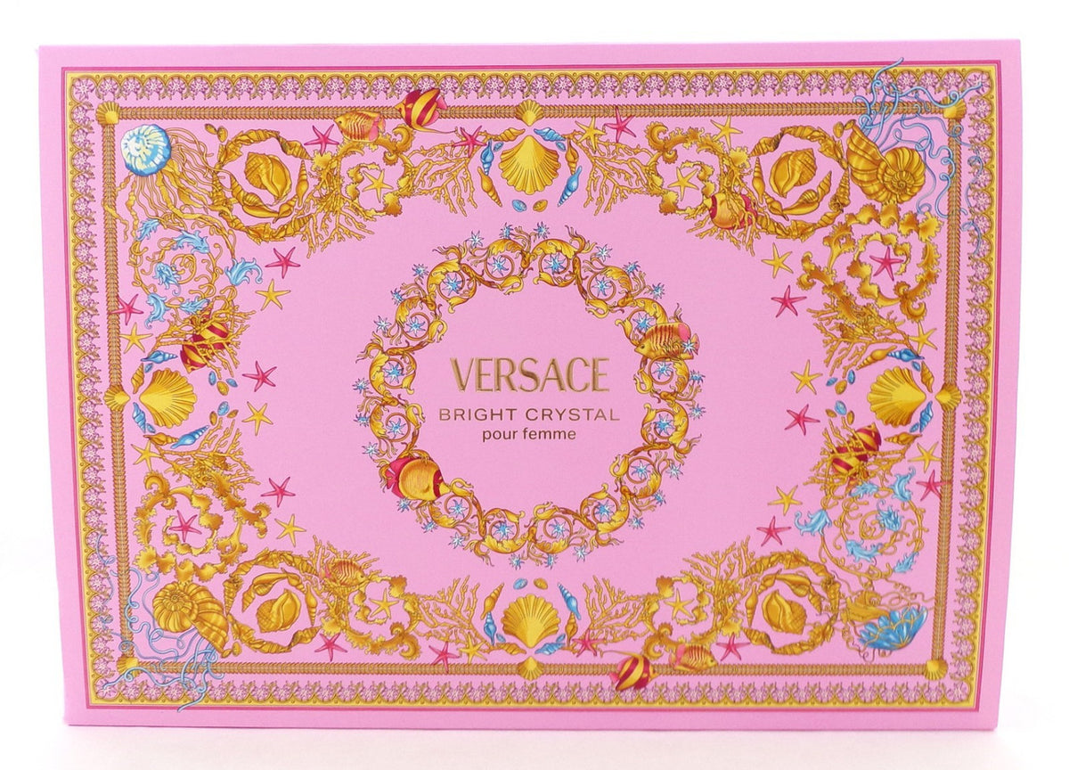 Versace BRIGHT CRYSTAL 4 pcs Set: 3.0oz EDT Spray & 5ml EDT + 3.4oz B/Lot & Sh/G