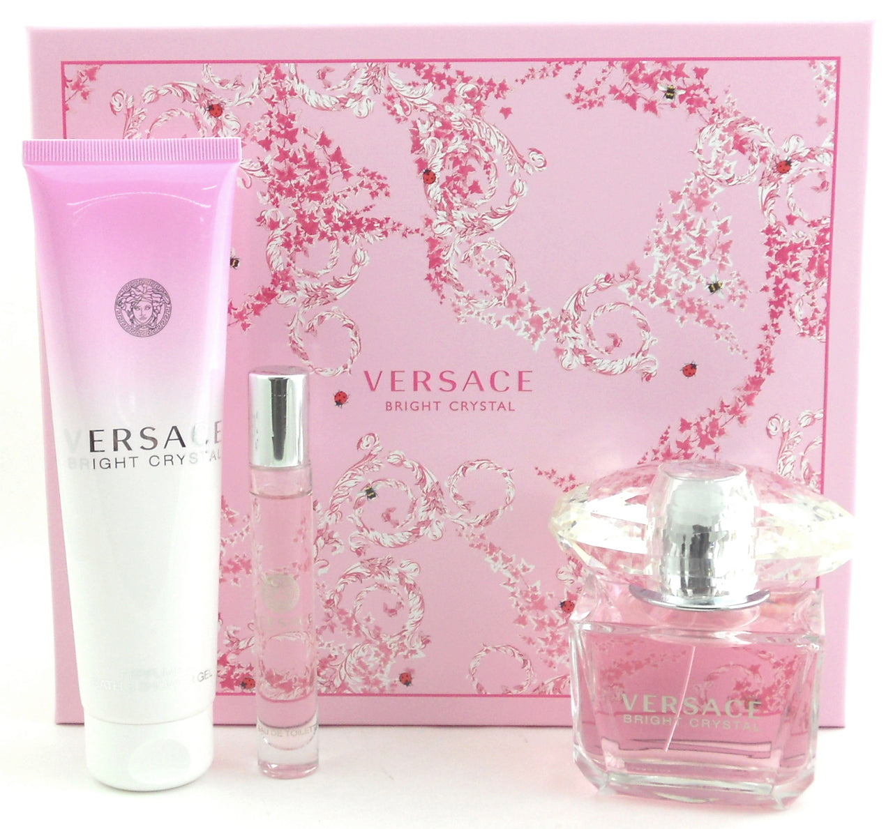 Versace Bright Crystal Perfume 3.0 oz.EDT Spray + 5.0 oz.Sh/ Gel +10 ml.EDT Roller Ball. New Gift Set.