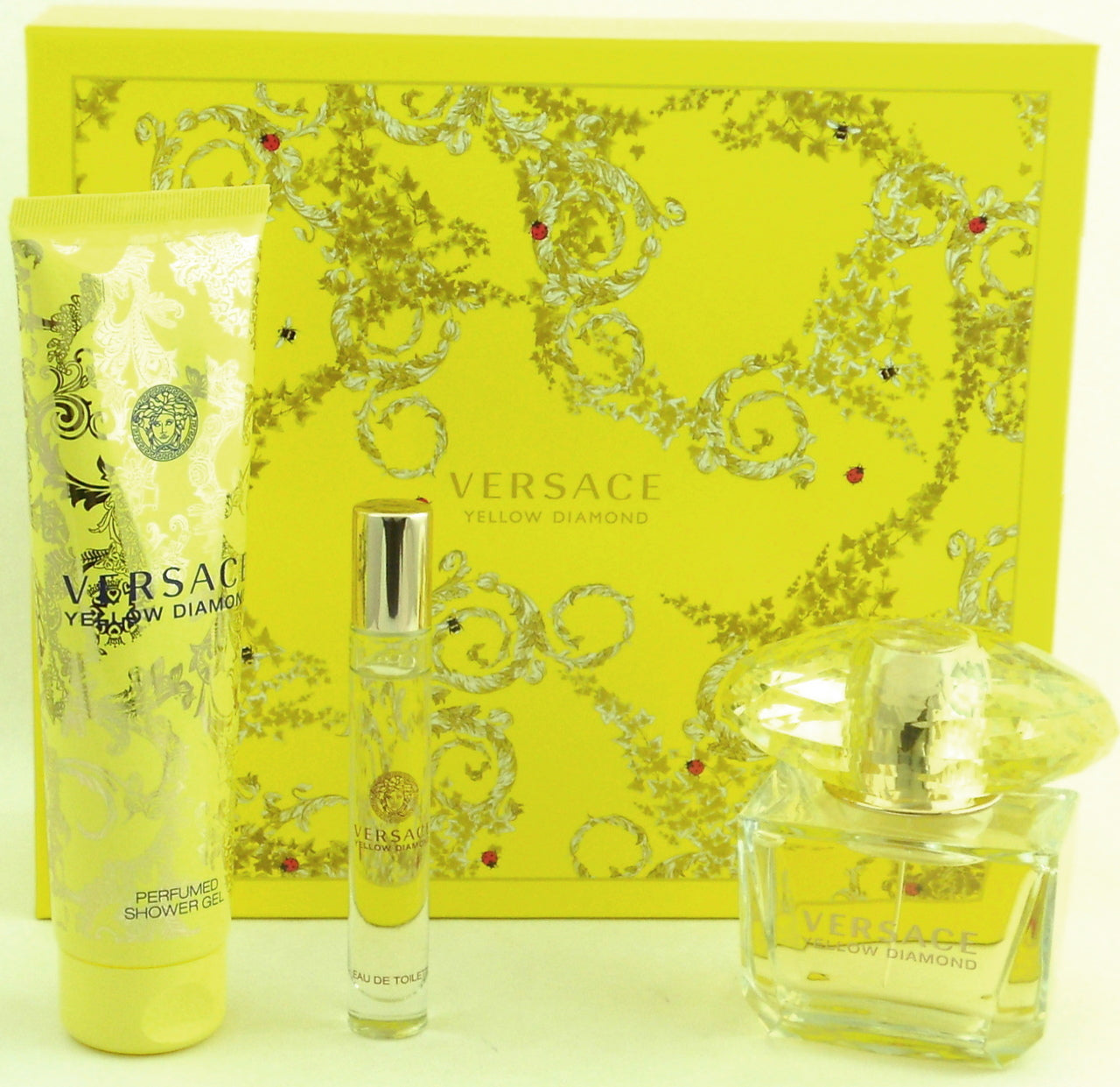 Versace Yellow Diamond Perfume 3.0 oz. EDT Spray + 5.0 oz.Shower Gel +10 ml.EDT Roller Ball. New Set