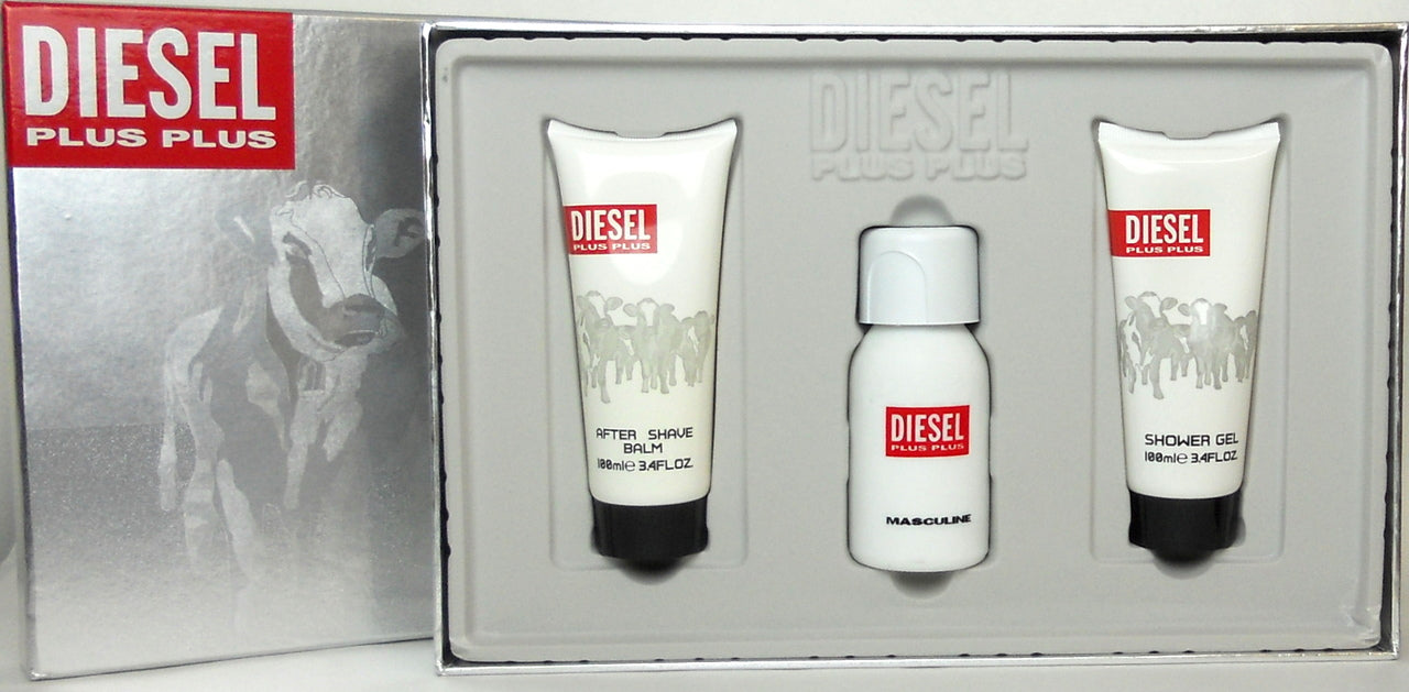 Diesel Plus Plus Masculine 2.5 oz./75 ml.EDT Spray + 3.4 oz./100 ml.Shower Gel+ 3.4 oz./100 ml.After Shave Balm. New set for Men.
