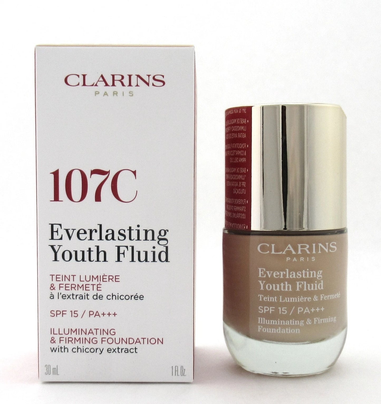 Clarins Everlasting Youth Fluid SPF 15/PA+++ Foundation 107C 30 ml./ 1.0 oz. New