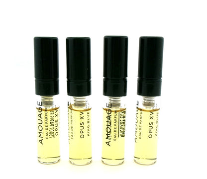 Amouage OPUS XV KING BLUE 0.06 oz. EDP Sample Spray LOT OF 4 Vials New. DAMAGED BOXES