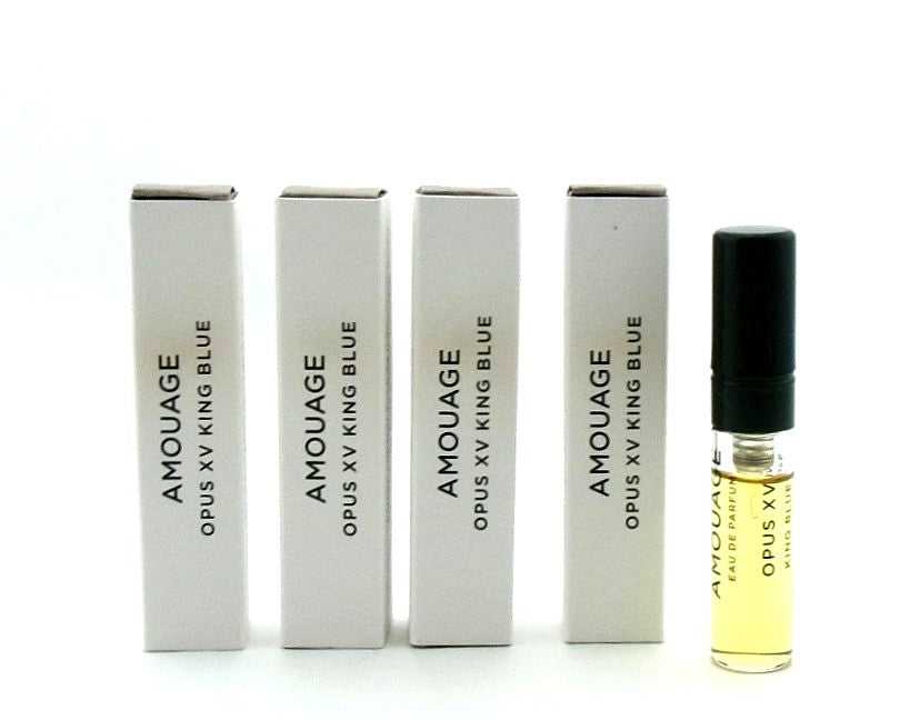 Amouage OPUS XV KING BLUE 0.06 oz. EDP Sample Spray LOT OF 4 Vials New. DAMAGED BOXES