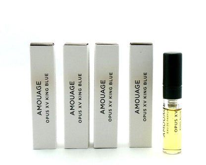 Amouage OPUS XV KING BLUE 0.06 oz. EDP Sample Spray LOT OF 4 Vials New. DAMAGED BOXES