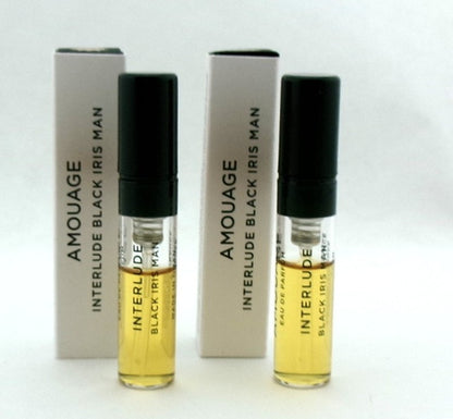 Amouage INTERLUDE BLACK IRIS Man 0.06 oz. EDP Sample Spray LOT OF 2 Vials Damaged Boxes
