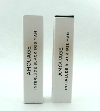 Amouage INTERLUDE BLACK IRIS Man 0.06 oz. EDP Sample Spray LOT OF 2 Vials Damaged Boxes