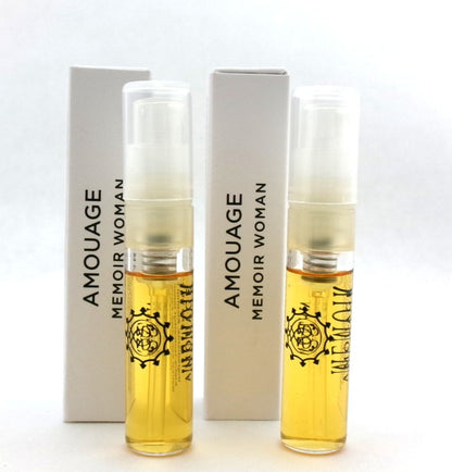 Amouage MEMOIR Woman 0.06 oz. Eau de Parfum Sample Spray LOT OF 2 Vials DAMAGED