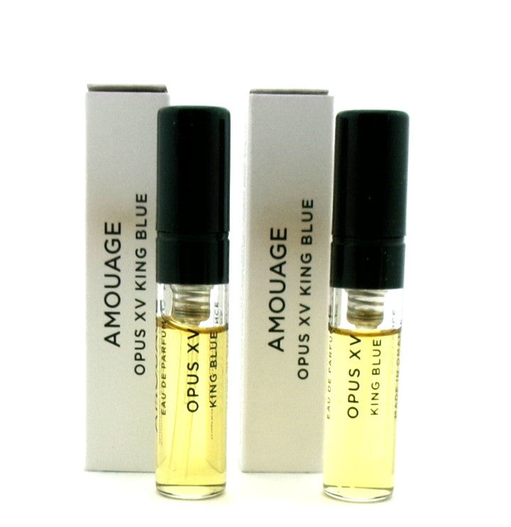 Amouage OPUS XV KING BLUE 0.06 oz. EDP Sample Spray LOT OF 2 Vials New. DAMAGED BOXES