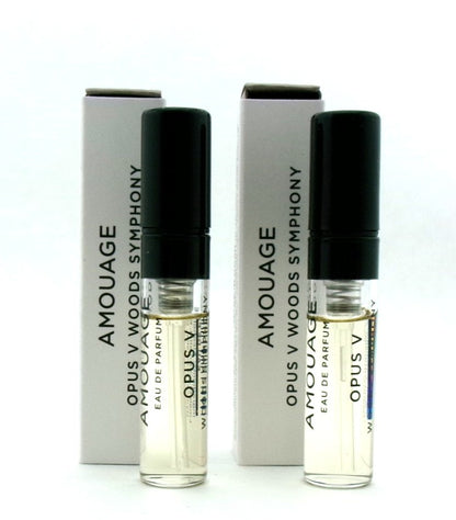 Amouage OPUS V WOODS SYMPHONY 0.06 oz. Eau de Parfum Sample Spray LOT OF 2 Vials Brand New