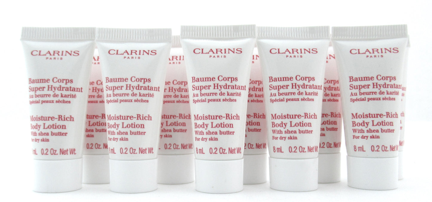 Clarins Moisture Rich Body Lotion Shea Butter Dry Skin Sample Tube 8 ml. Lot of 10