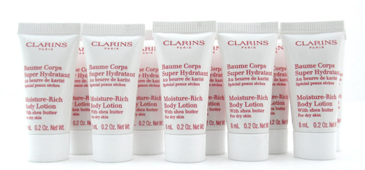 Clarins Moisture Rich Body Lotion Shea Butter Dry Skin Sample Tube 8 ml. Lot of 10
