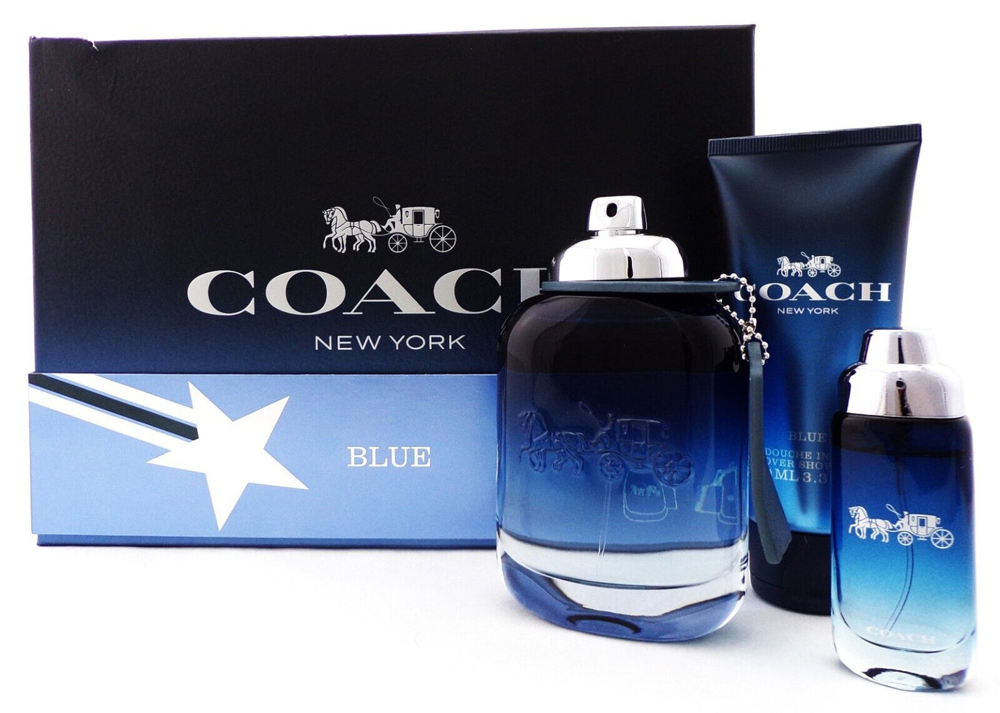 COACH BLUE 3.3 oz. & 0.5 oz. EDT Spray+3.3 oz. Shower Gel SET for Men New Damaged Box