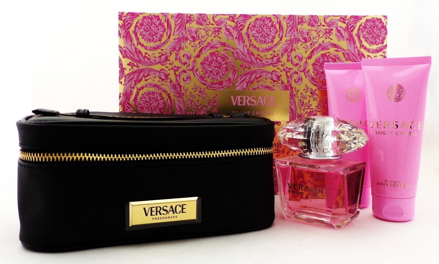 Versace BRIGHT CRYSTAL 4 Pcs Set for Women: 3.0 oz. Eau de Toilette Spray + 3.4 oz. S/Gel + 3.4 oz. B/Lotion + Beauty Case. Brand New