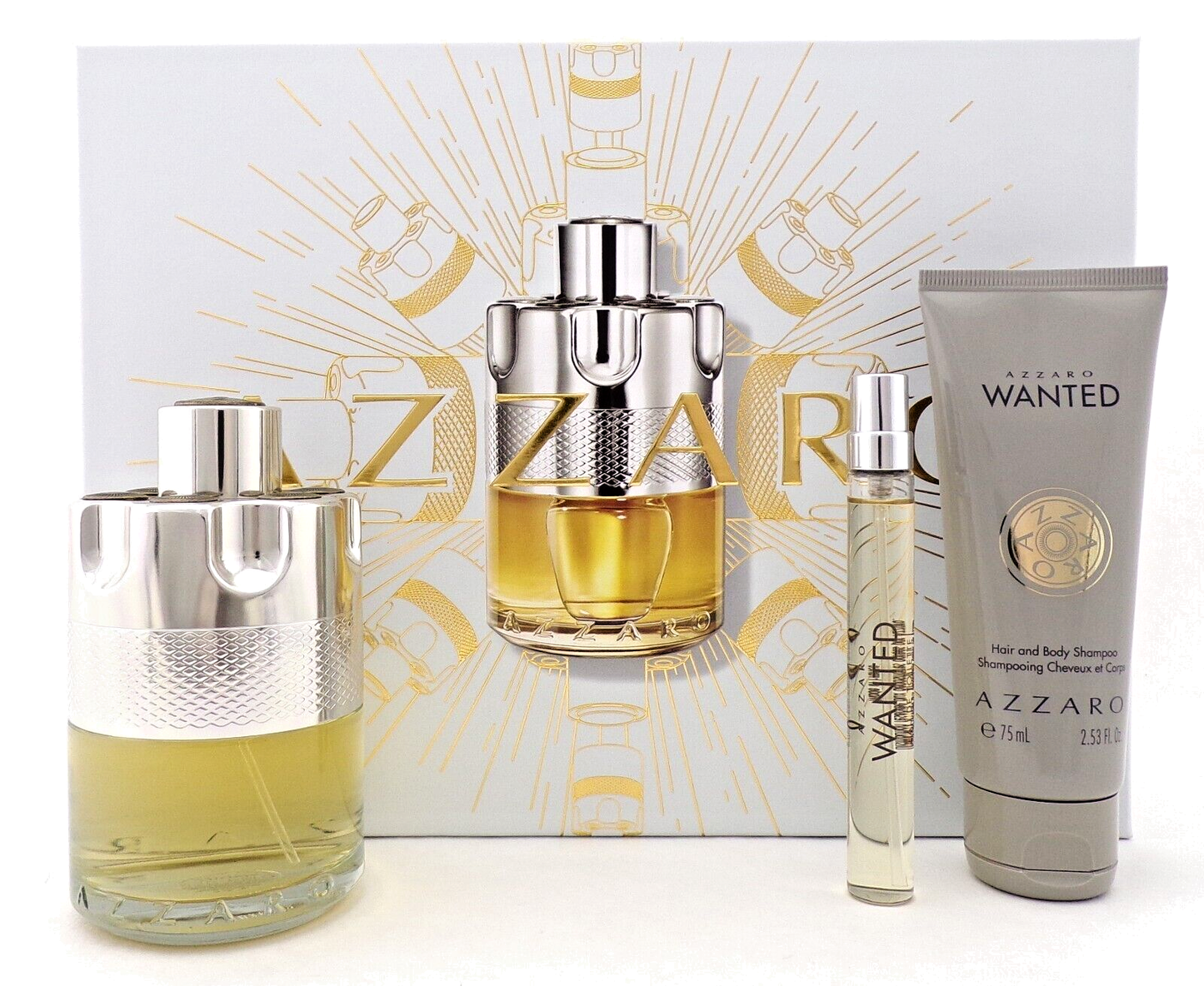 Azzaro Wanted by Azzaro 3.3 oz & 10 ml EDT Spray + 2.53oz Sh/Gel New SET for Men