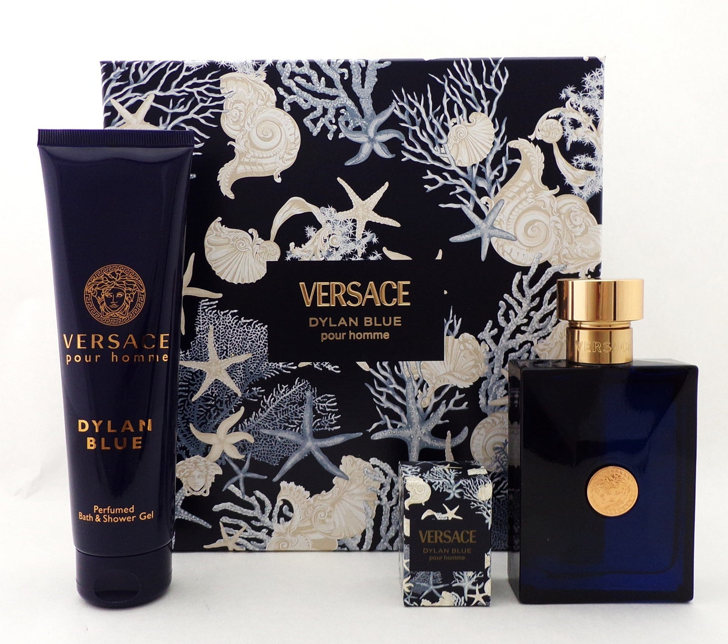 Versace DYLAN BLUE Pour Homme 3 pcs Set for Men: 3.4 oz. EDT Spray & 0.17 oz. EDT Splash + 5.0 oz. Shower Gel. NEW