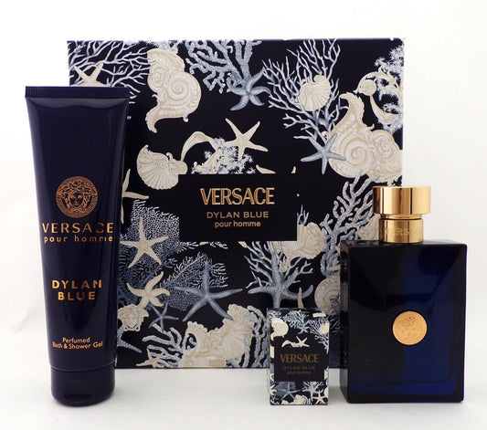 Versace DYLAN BLUE Pour Homme 3 pcs Set for Men: 3.4 oz. EDT Spray & 0.17 oz. EDT Splash + 5.0 oz. Shower Gel. NEW