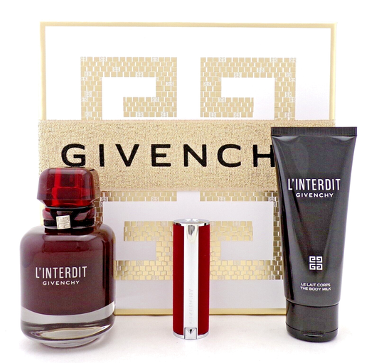 L'Interdit Givenchy 2.7 oz. EDP ROUGE Spray+2.5oz B/Milk+3.4 g Lipstick. New SET