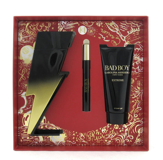 Bad Boy Extreme by Carolina Herrera 3 Pc Set for Men EDP Spray 3.4oz+Sh/Gel+10ml