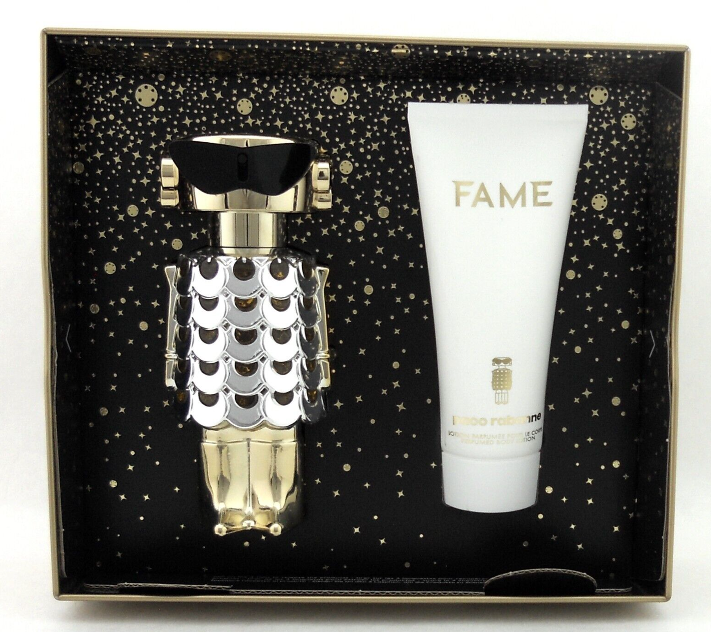 FAME by Paco Rabanne 2.7oz.EDP Spray+ 3.4oz.Lotion New Set in Metal Box