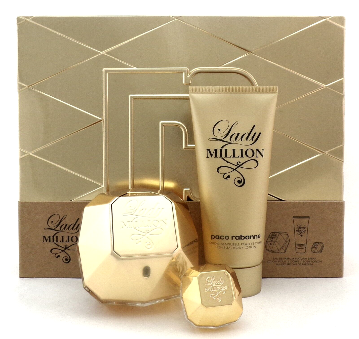 Lady Million by Paco Rabanne 2.7 oz & 5 ml EDP + 3.4oz Body Lotion New Women Set