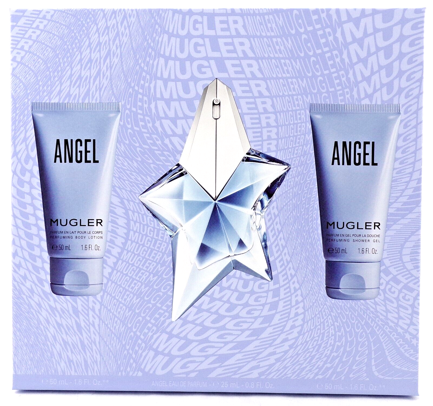 Angel by Mugler 0.8 oz EDP Refillable Spray Star+1.6 oz Lotion +Sh/Gel New SET