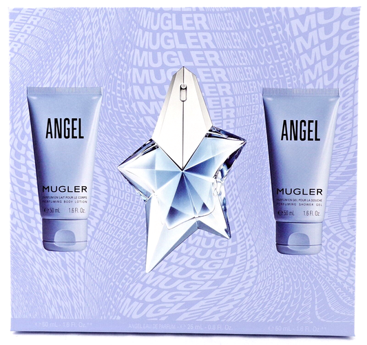Angel by Mugler 0.8 oz EDP Refillable Spray Star+1.6 oz Lotion +Sh/Gel New SET
