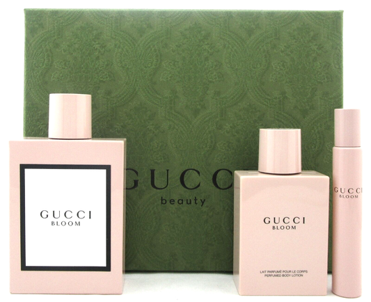 Gucci Bloom 3.3oz EDP Spr & 0.25oz EDP Rollerball + 3.3oz B/L. New Set Damag Box