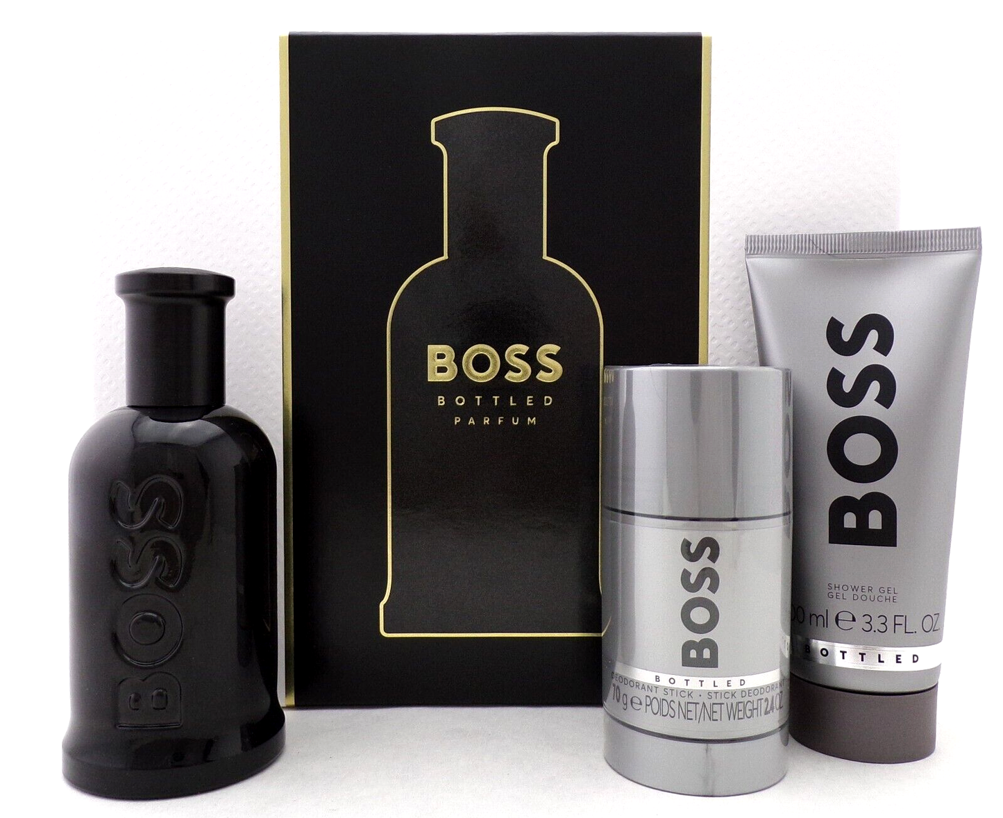 Hugo Boss Bottled by Hugo 3.3 oz PARFUM+ 3.3 oz SH/Gel+ 2.4 oz Deo New Men's SET