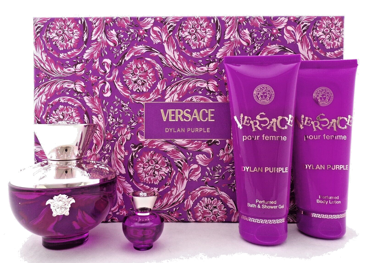 Versace Dylan Purple 3.4oz & 5ml EDP +3.4oz Sh/Gel +3.4oz B/Lot. New Women's SET
