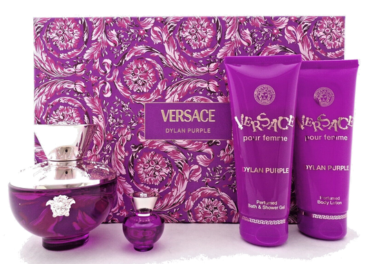 Versace Dylan Purple 3.4oz & 5ml EDP +3.4oz Sh/Gel +3.4oz B/Lot. New Women's SET